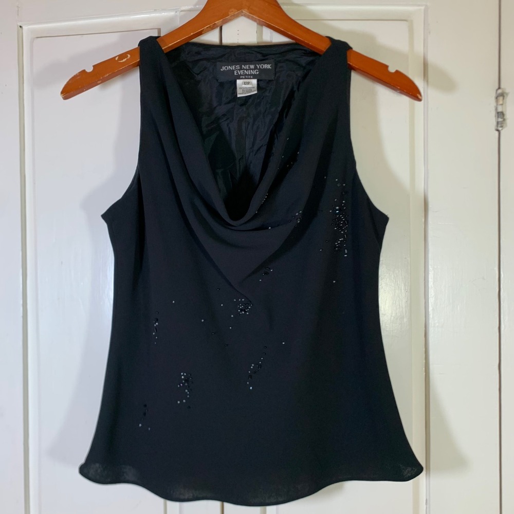 Jones New York Evening Black Beaded Cowl Neck Sleeveless Top Petite 12P